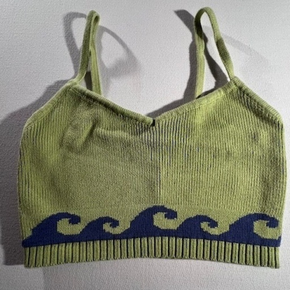 LA Hearts Knit Cami Women Medium Green Navy Wave Ribbed Cropped Tank Top